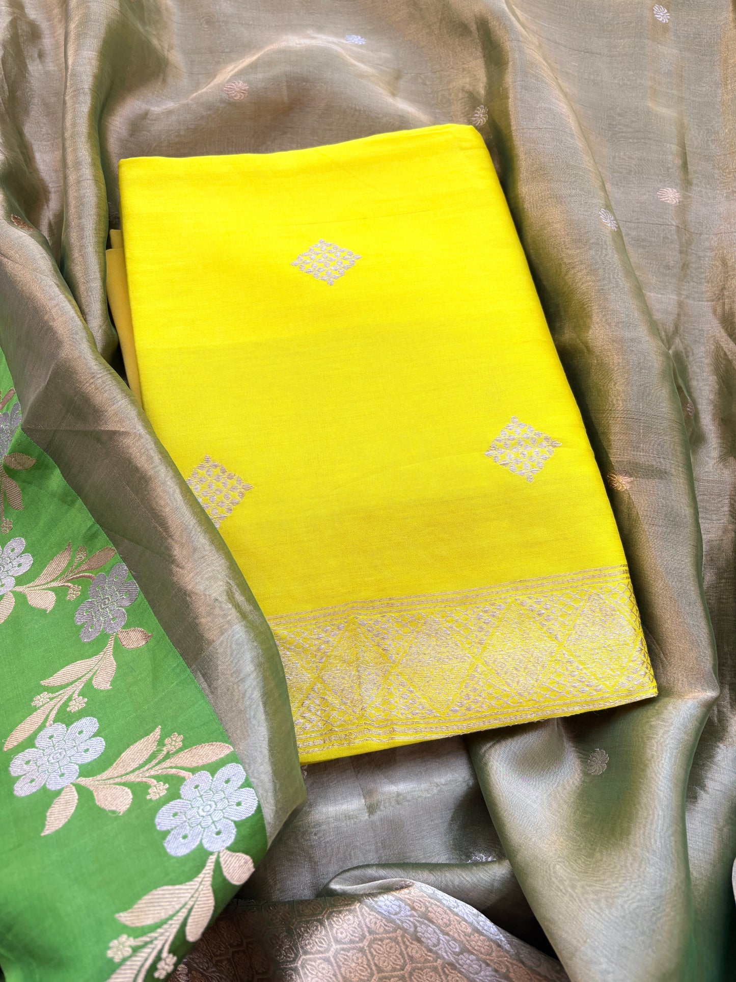 Yellow Chiniya silk with green tissue dupatta