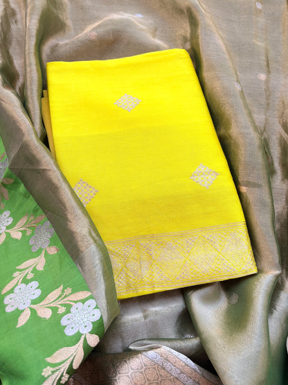 Yellow Chiniya silk with green tissue dupatta