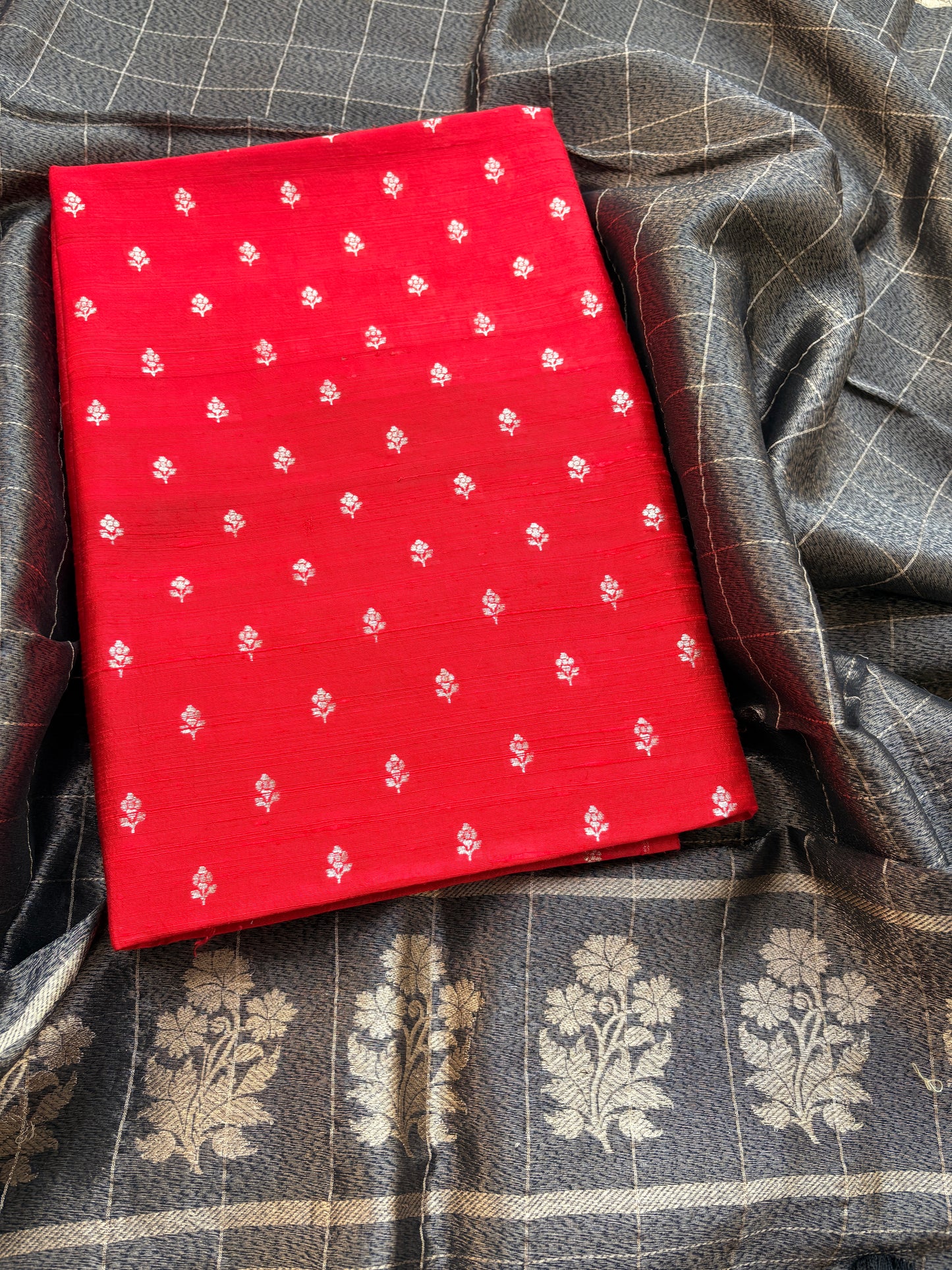 Red Chiniya silk kurta, bottom , black tissue dupatta