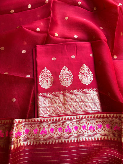 Red Chiniya silk kora paithani border suit set
