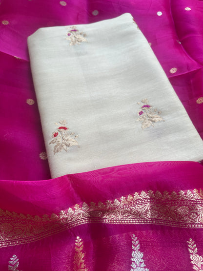 Cream moonga silk kurta, bottom and kora silk dupatta