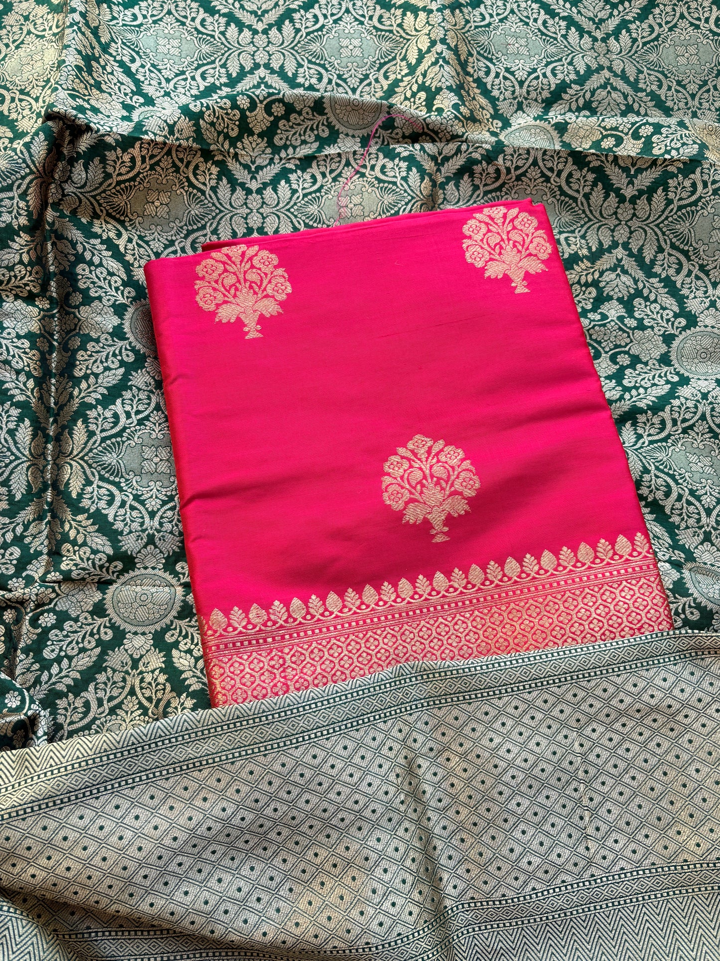 Pink katan silk kurta, bottom and green heavy dupatta