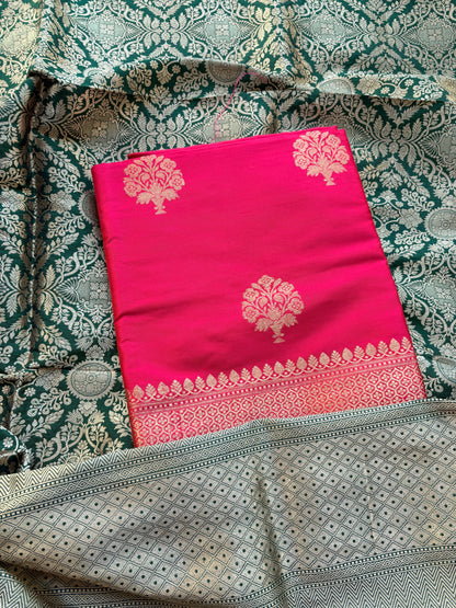 Pink katan silk kurta, bottom and green heavy dupatta