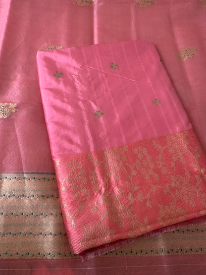 Pink katan silk embroidered kurta, plain katan bottom and kora silk dupatta .