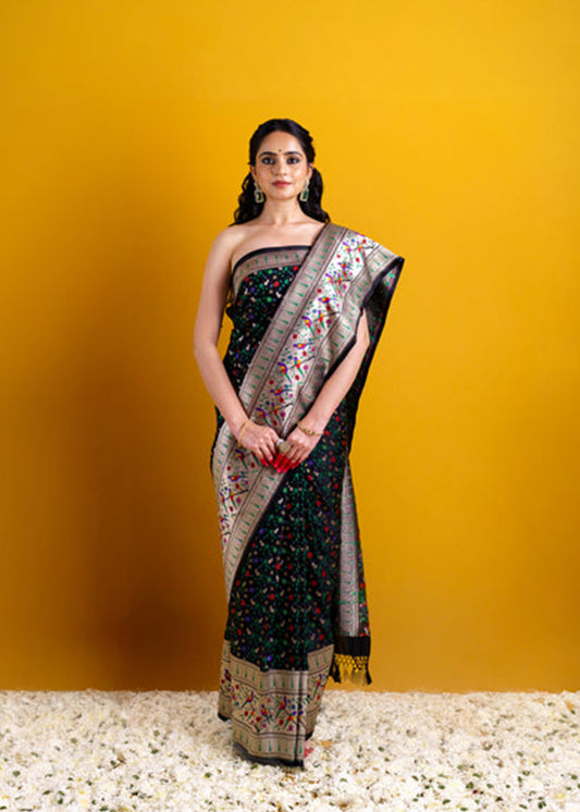Black Banarasi Silk  with Paithani weaving border and jaal weaving all over saree