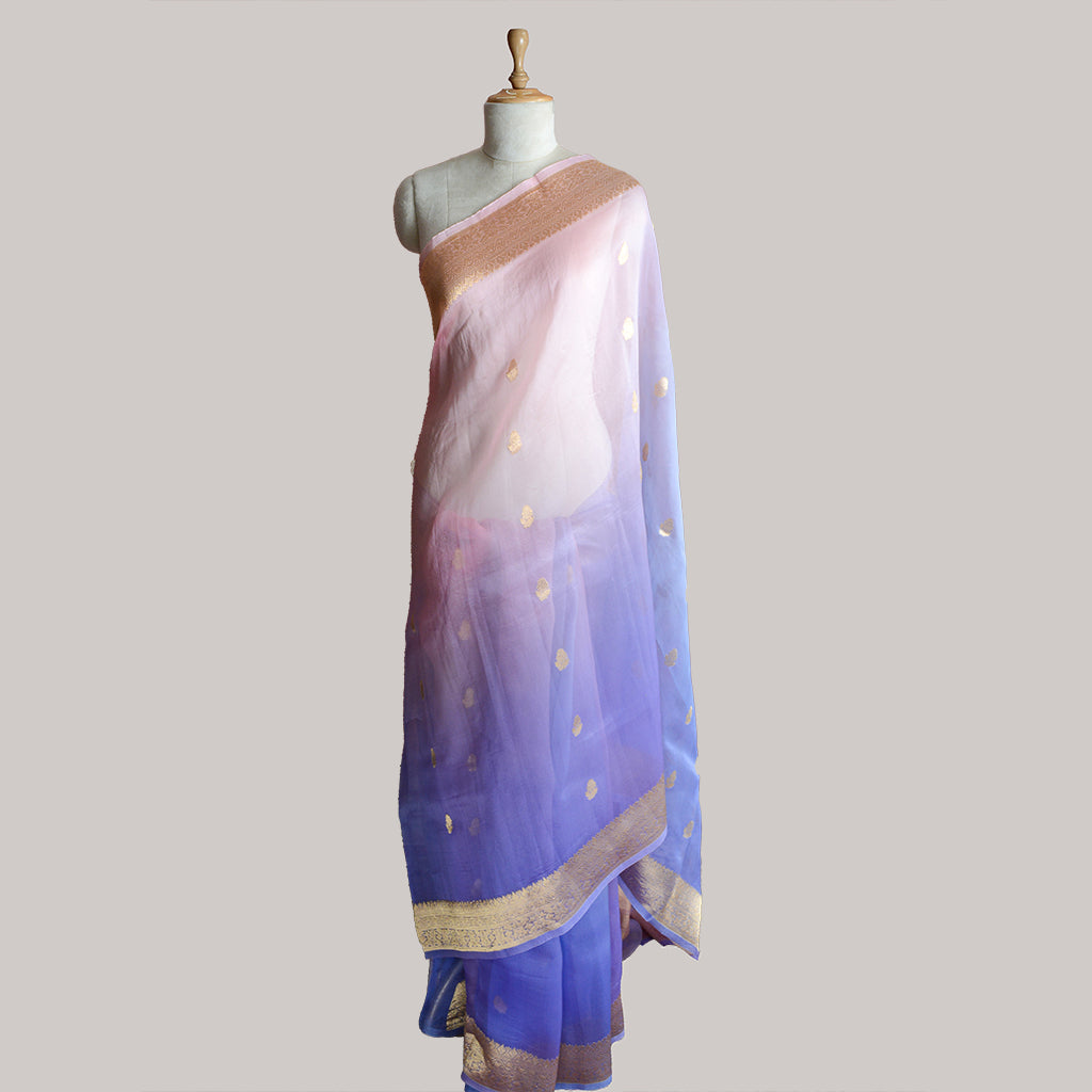 Blue pink shaded kora silk saree