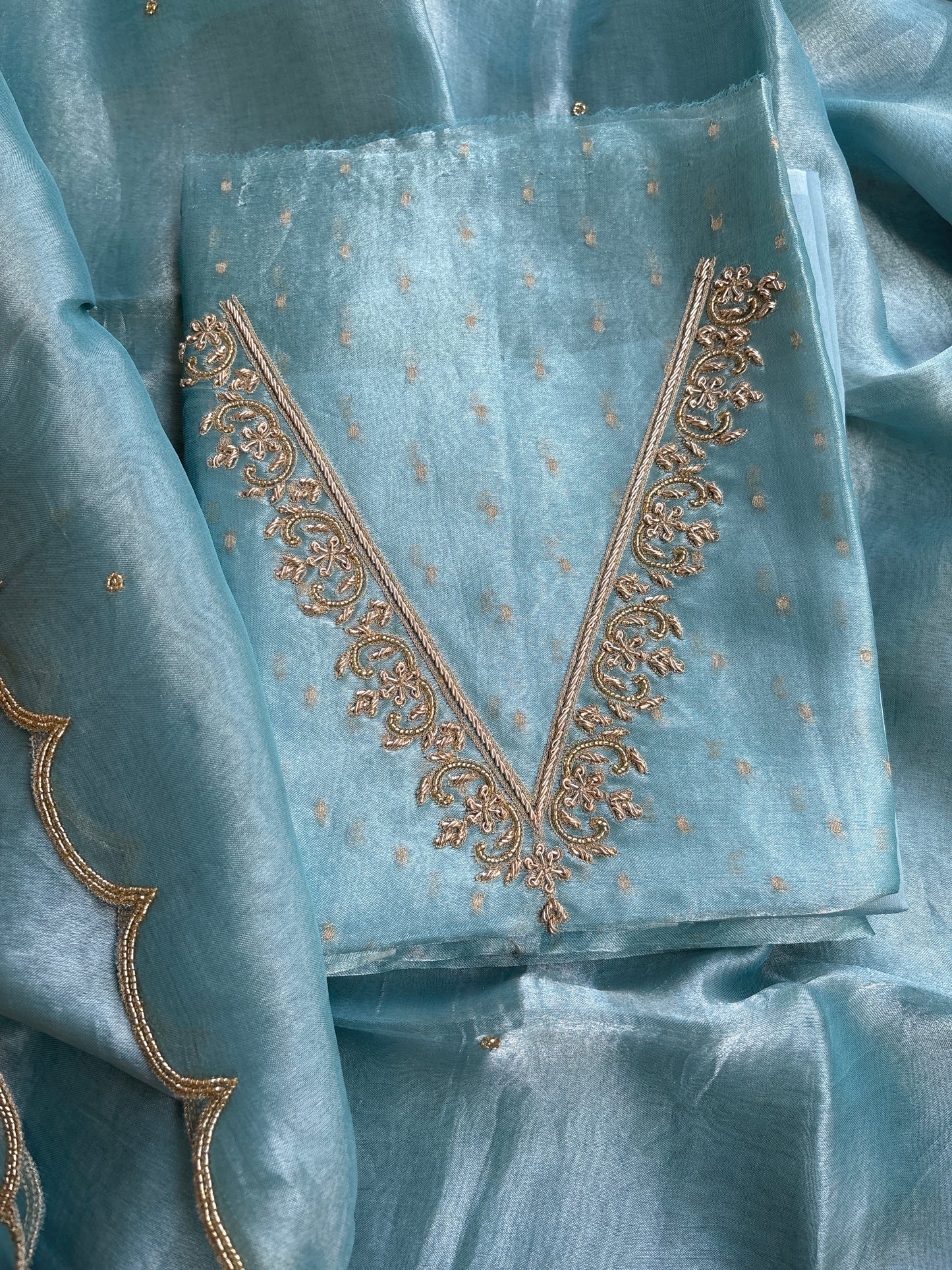 Blue tissue embroidered suit set