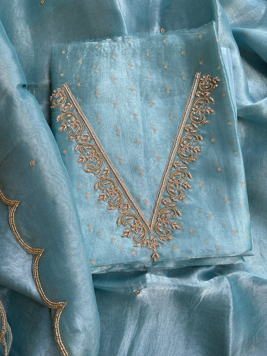 Blue tissue embroidered suit set