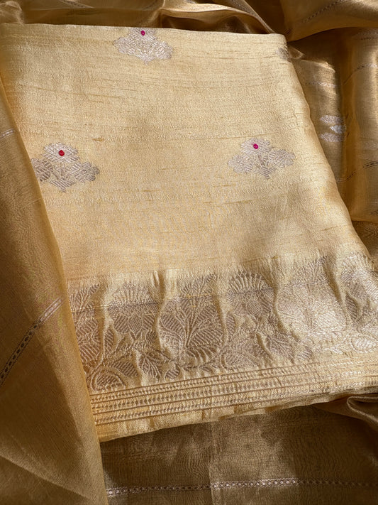 Yellow raw silk kurta, bottom and tissue kadhwa dupatta