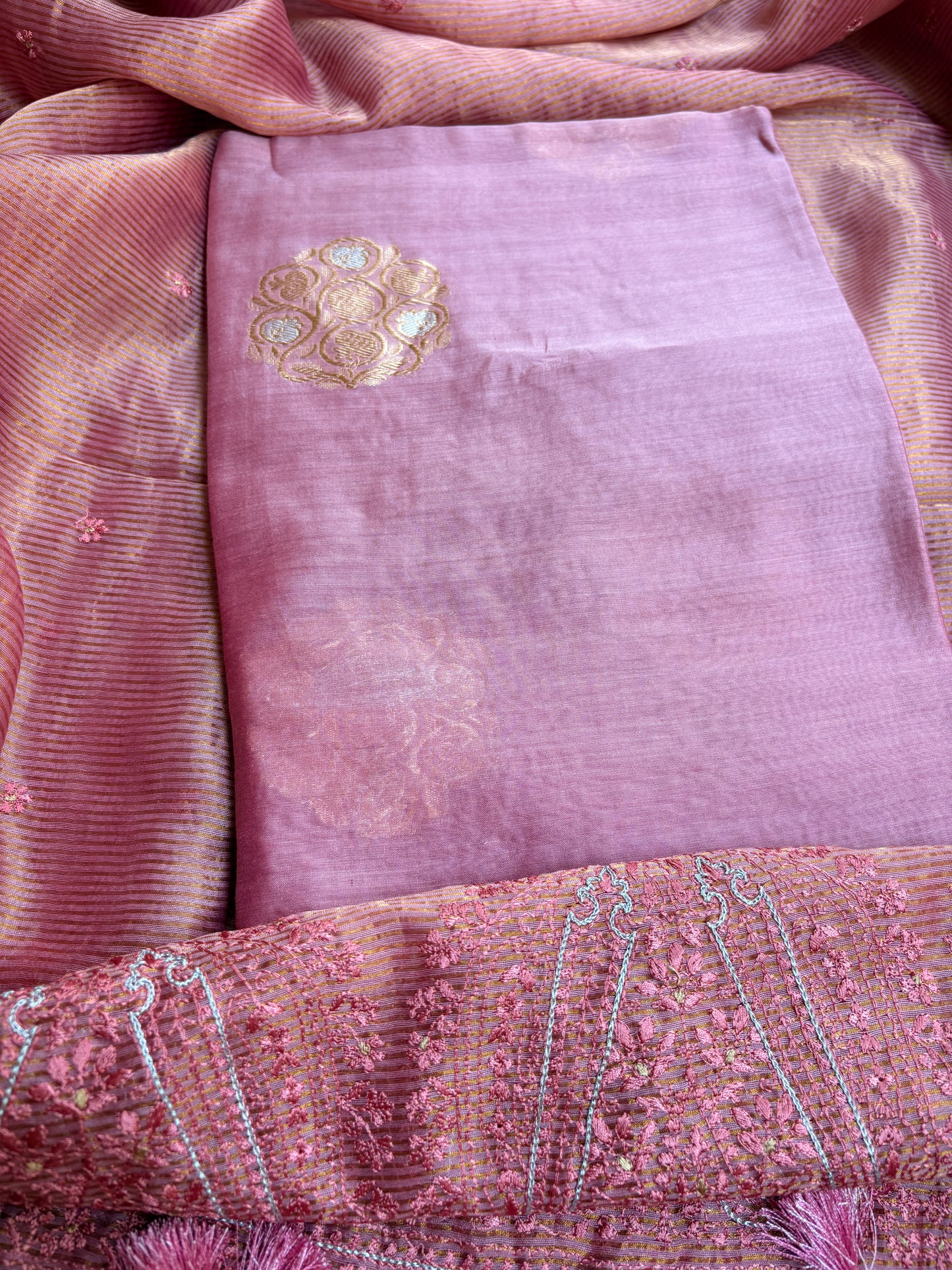 Pink handloom silk kadhwa kurta, bottom, tissue kadhwa dupatta