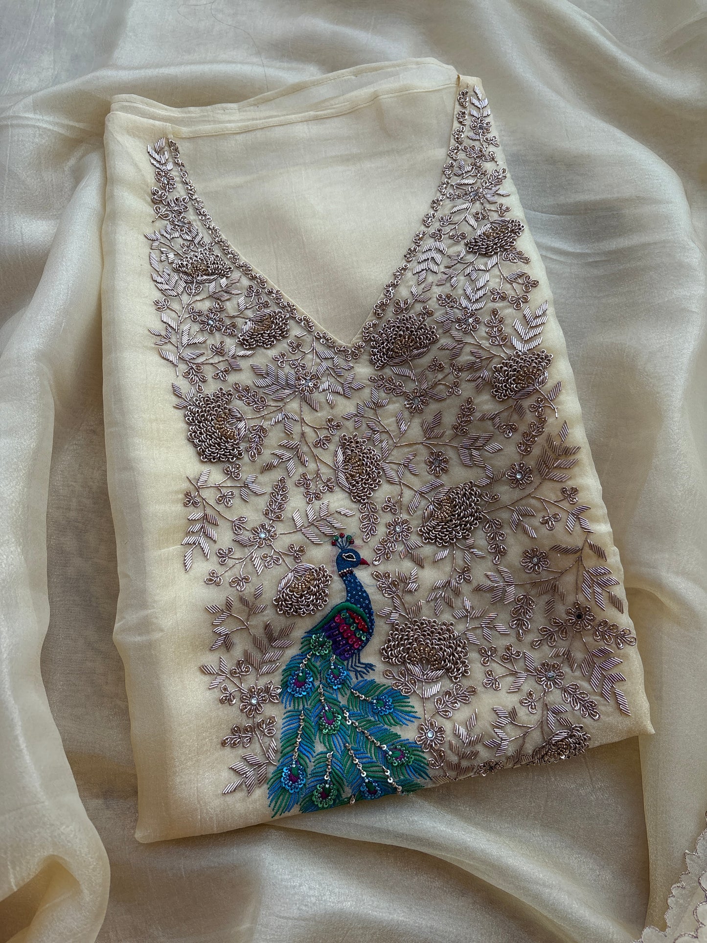 Yellow tissue silk hand embroidered suit set