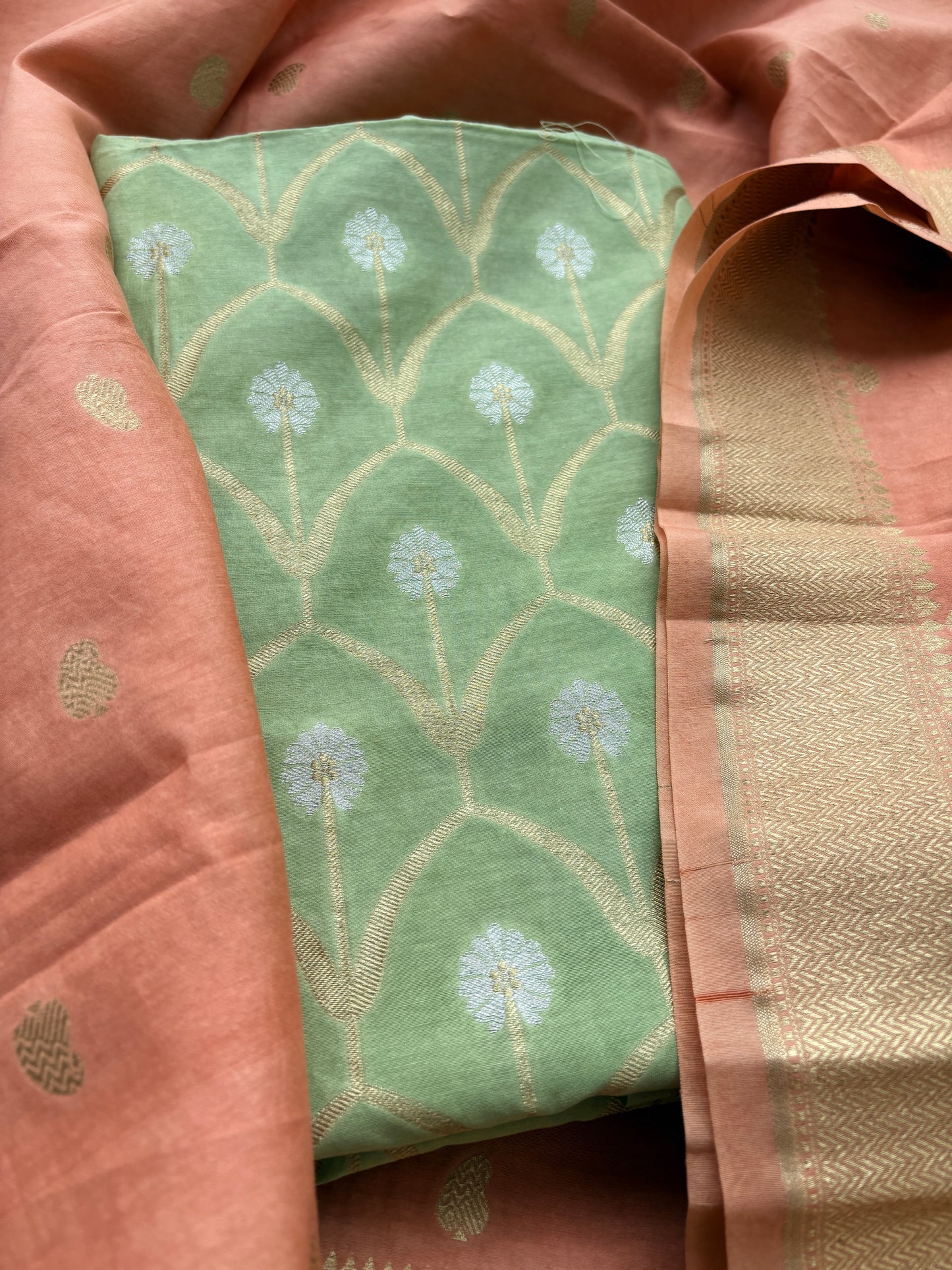 Green kurta with peach dupatta cotton silk suit set