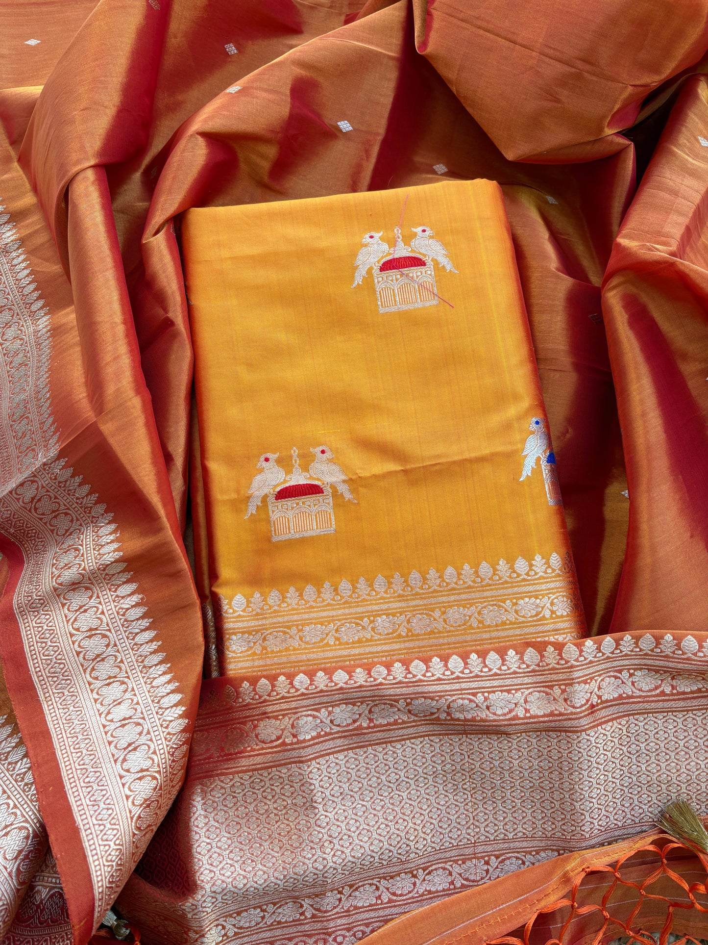 Yellow katan by katan silk with tissue kadhwa dupatta