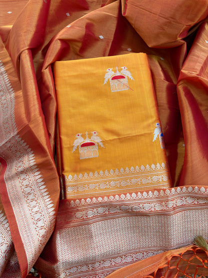 Yellow katan by katan silk with tissue kadhwa dupatta
