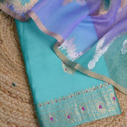 Blue Chiniya silk with rangkat kora dupatta