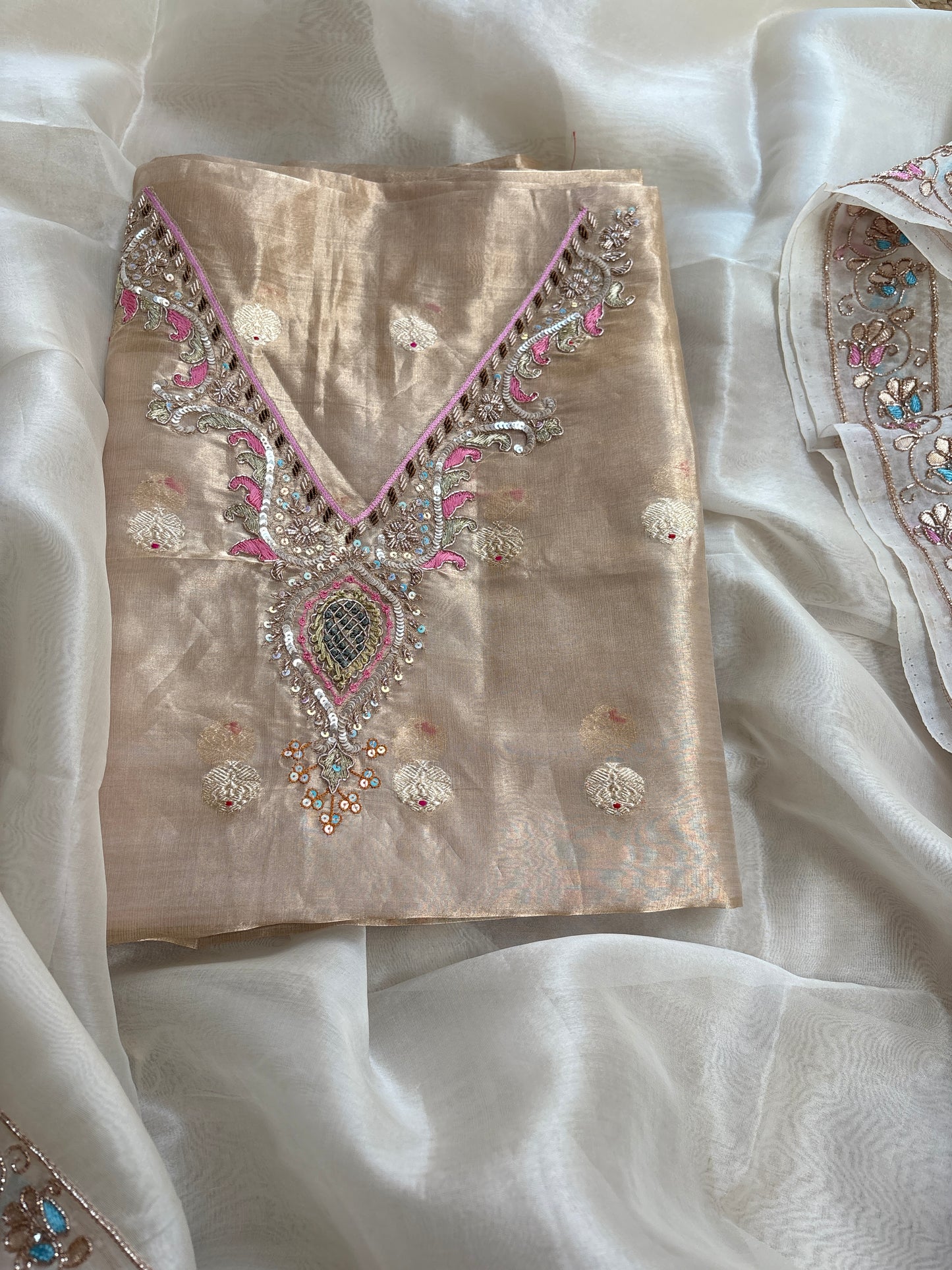 Tissue hand embroidered suit with kora embroidered dupatta