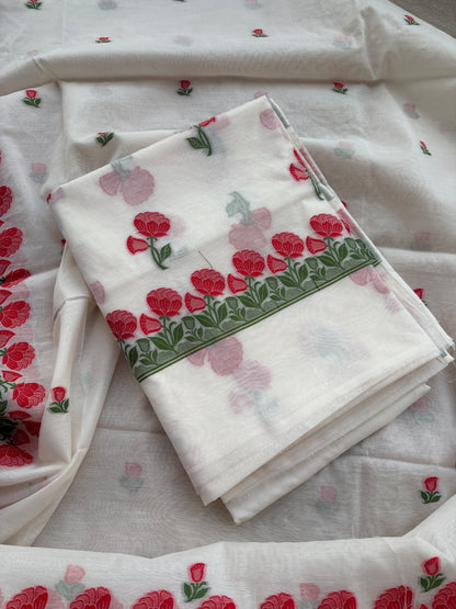 White Chanderi meenadar flower suit set
