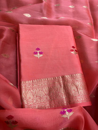 Peach Chiniya kora silk suit ( hand brushed border)