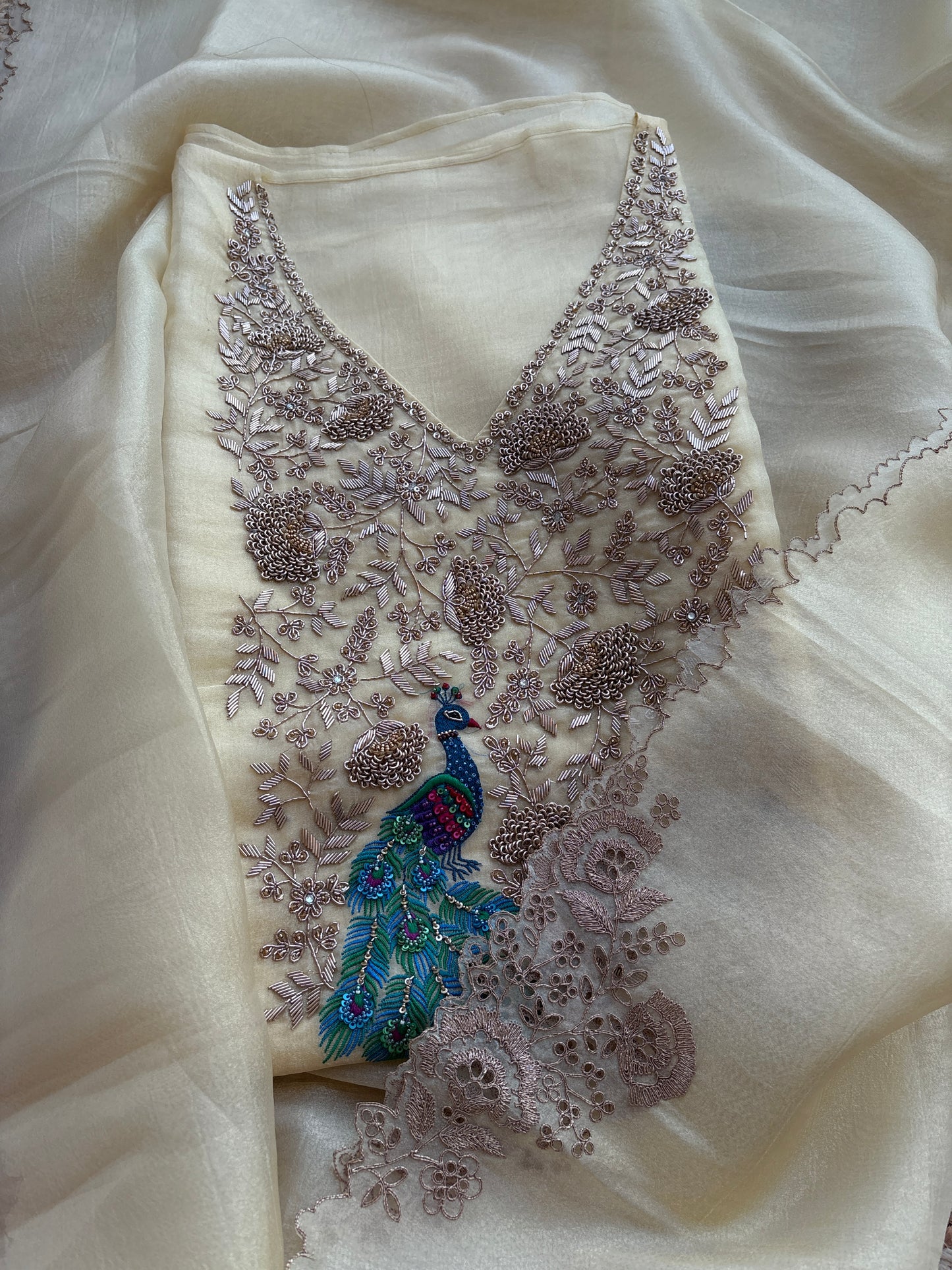 Yellow tissue silk hand embroidered suit set