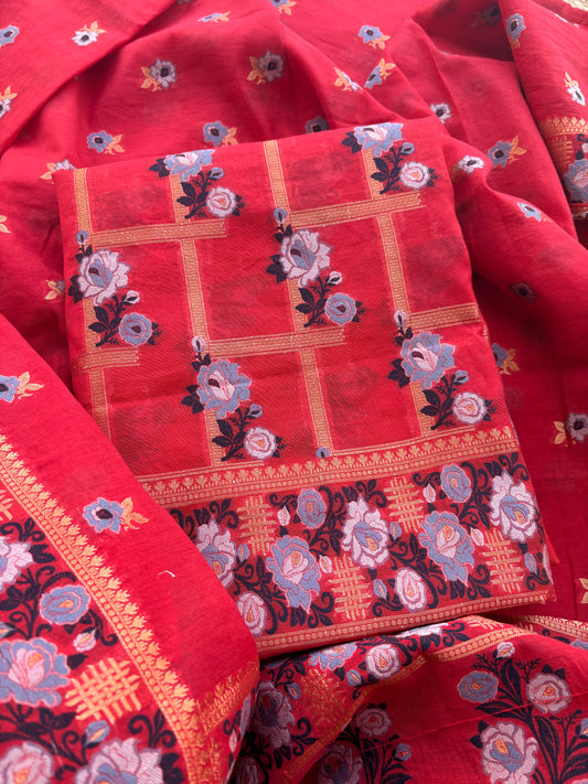 Red check design Chanderi suit set