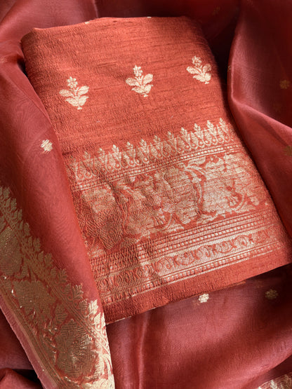Rust raw silk kurta, bottom and kora kadhwa dupatta
