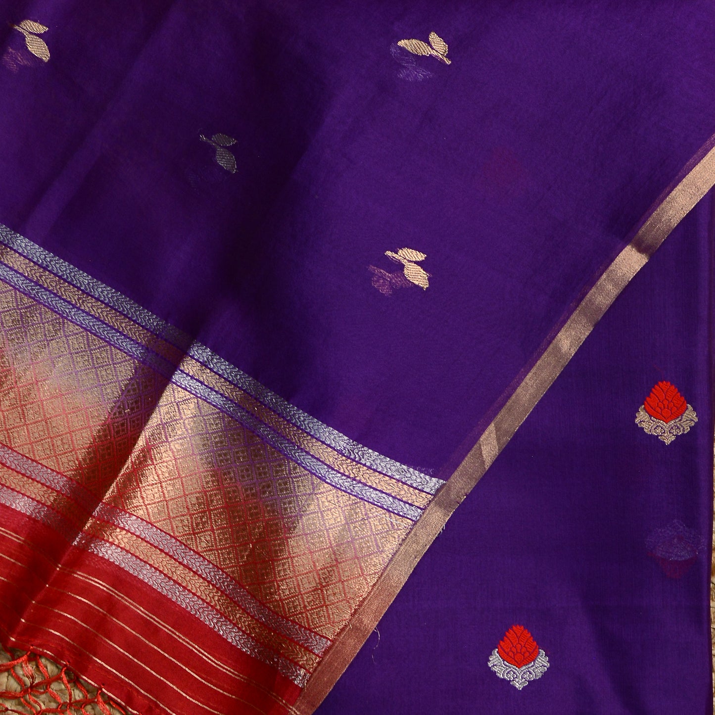 Purple kora silk suit with red shade dupatta