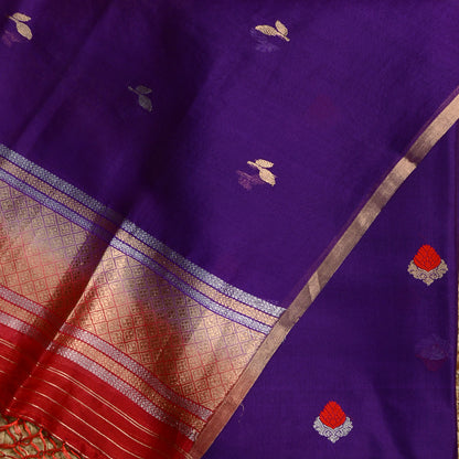 Purple kora silk suit with red shade dupatta