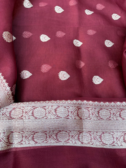 Maroon Chiniya kora silk kadhwa silver zari suit set