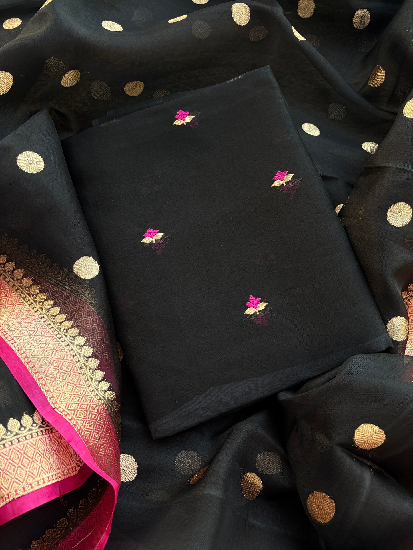 Black kora kadhwa silk suit set
