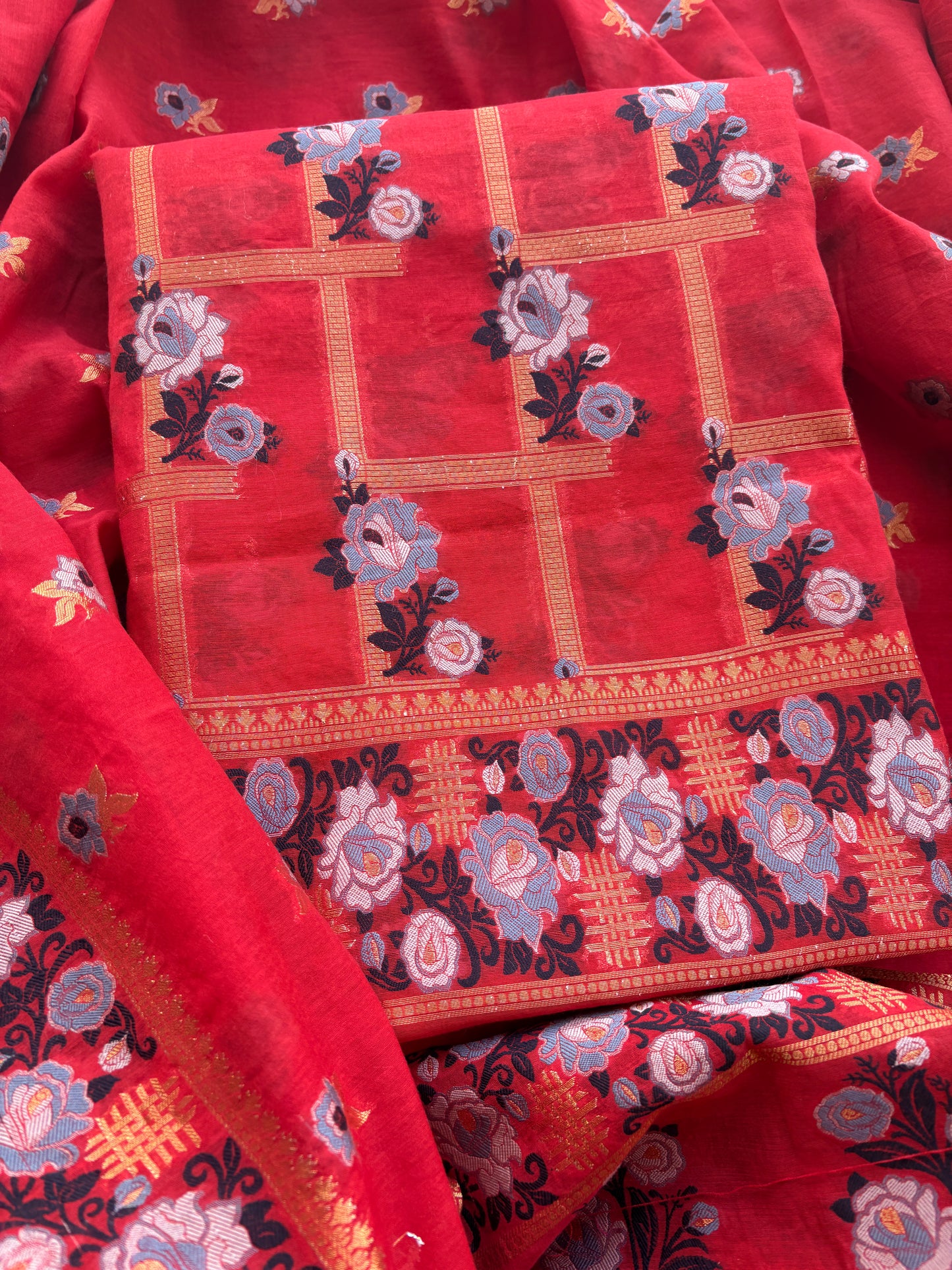 Red check design Chanderi suit set