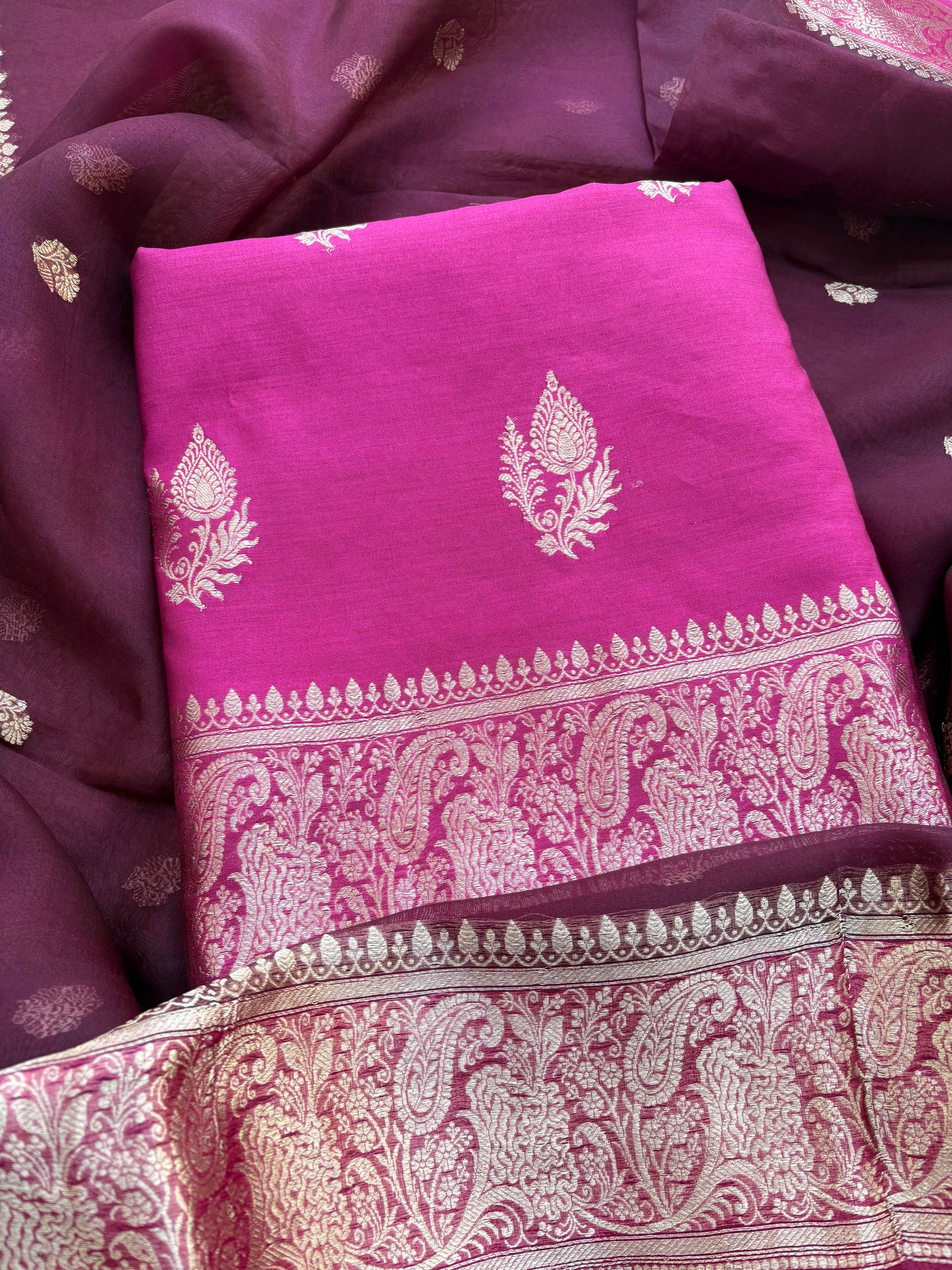 Pink Chiniya silk suit with shaded dupatta