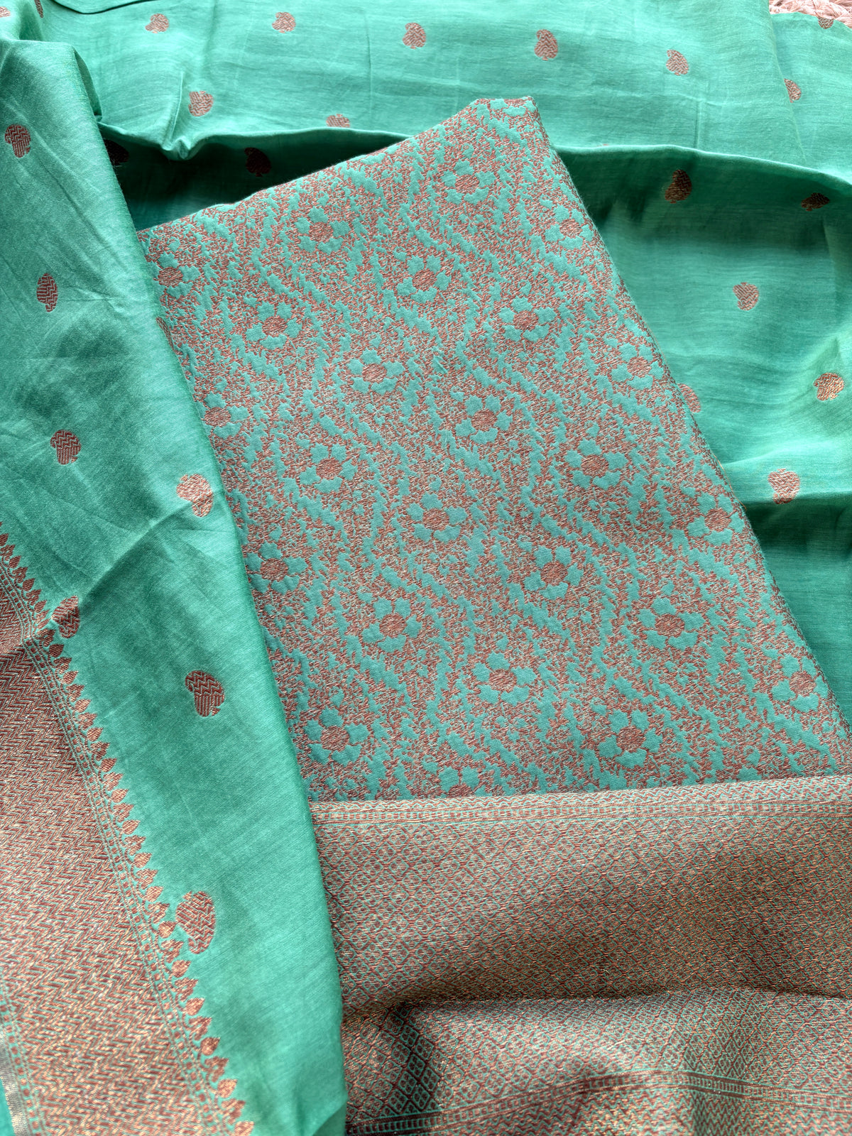 Green cotton silk brocade suit set