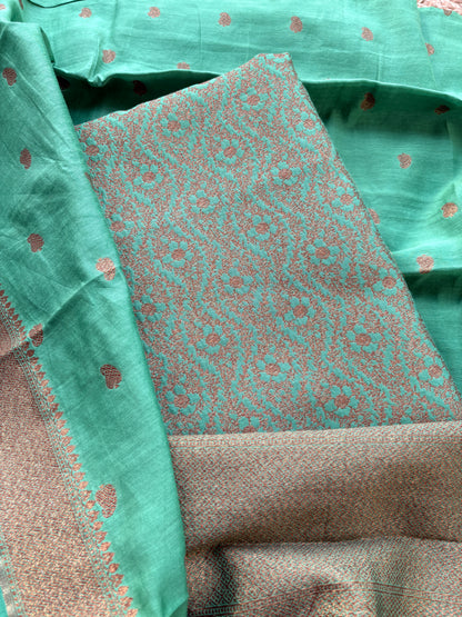 Green cotton silk brocade suit set