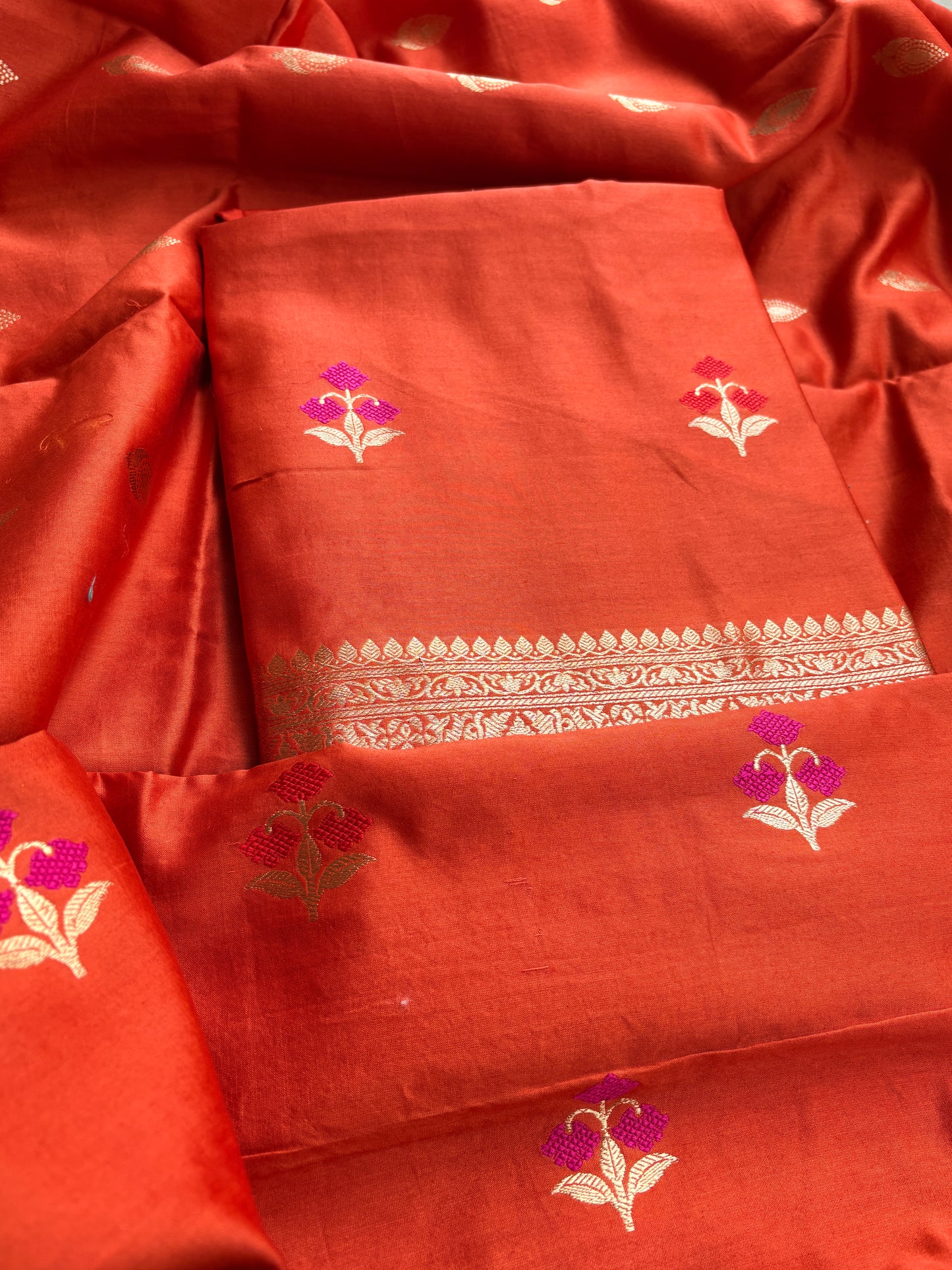 Rust orange Chiniya silk kadhwa suit set.