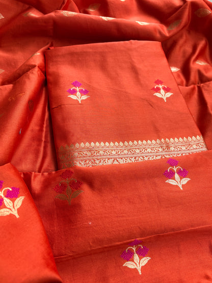 Rust orange Chiniya silk kadhwa suit set.