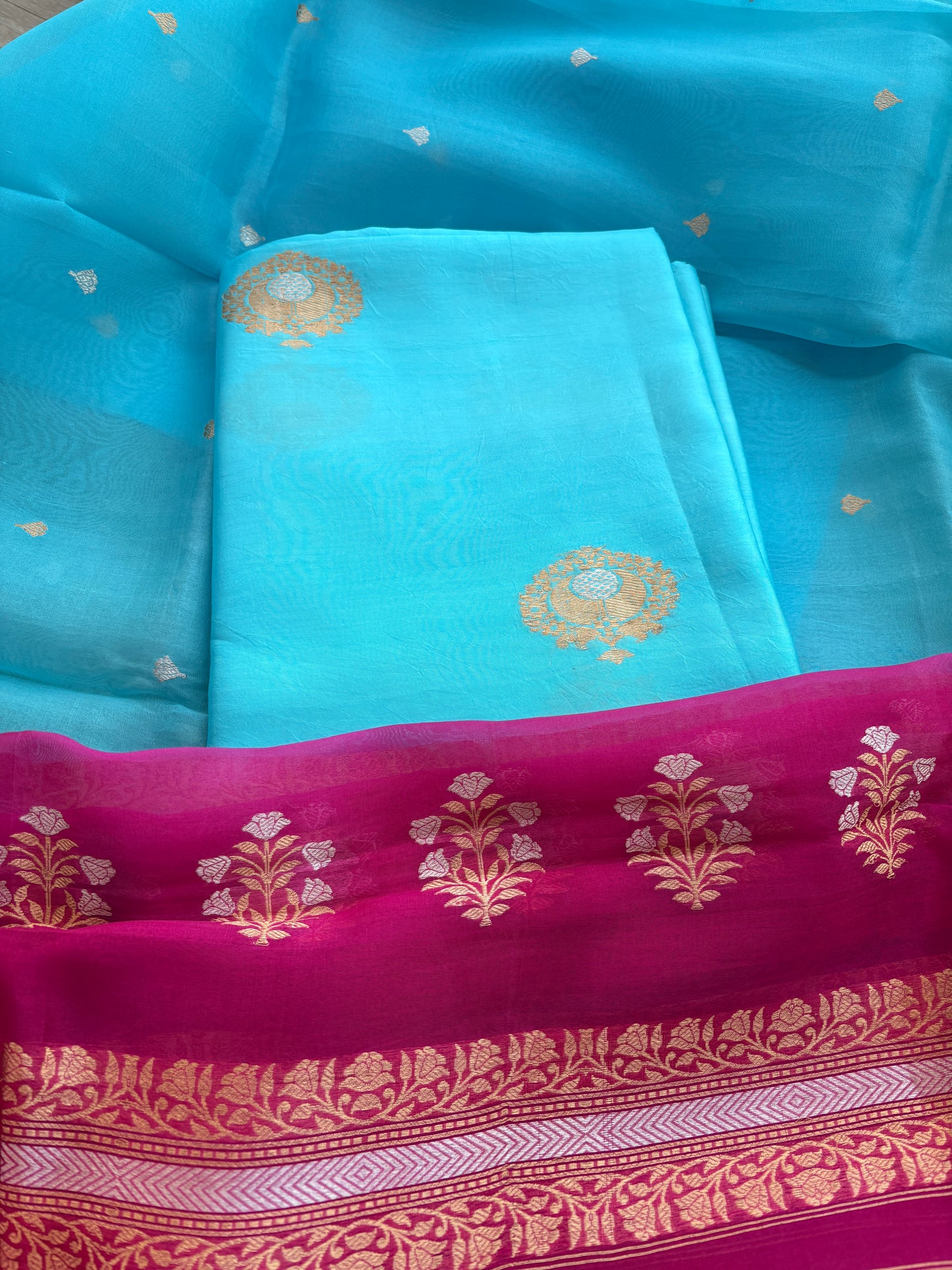 Blue Chiniya silk kora kadhwa suit set