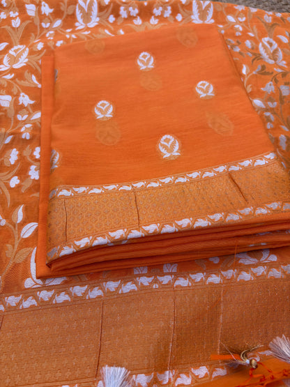 Orange Chanderi cotton tilfi weaving 3 piece suit set