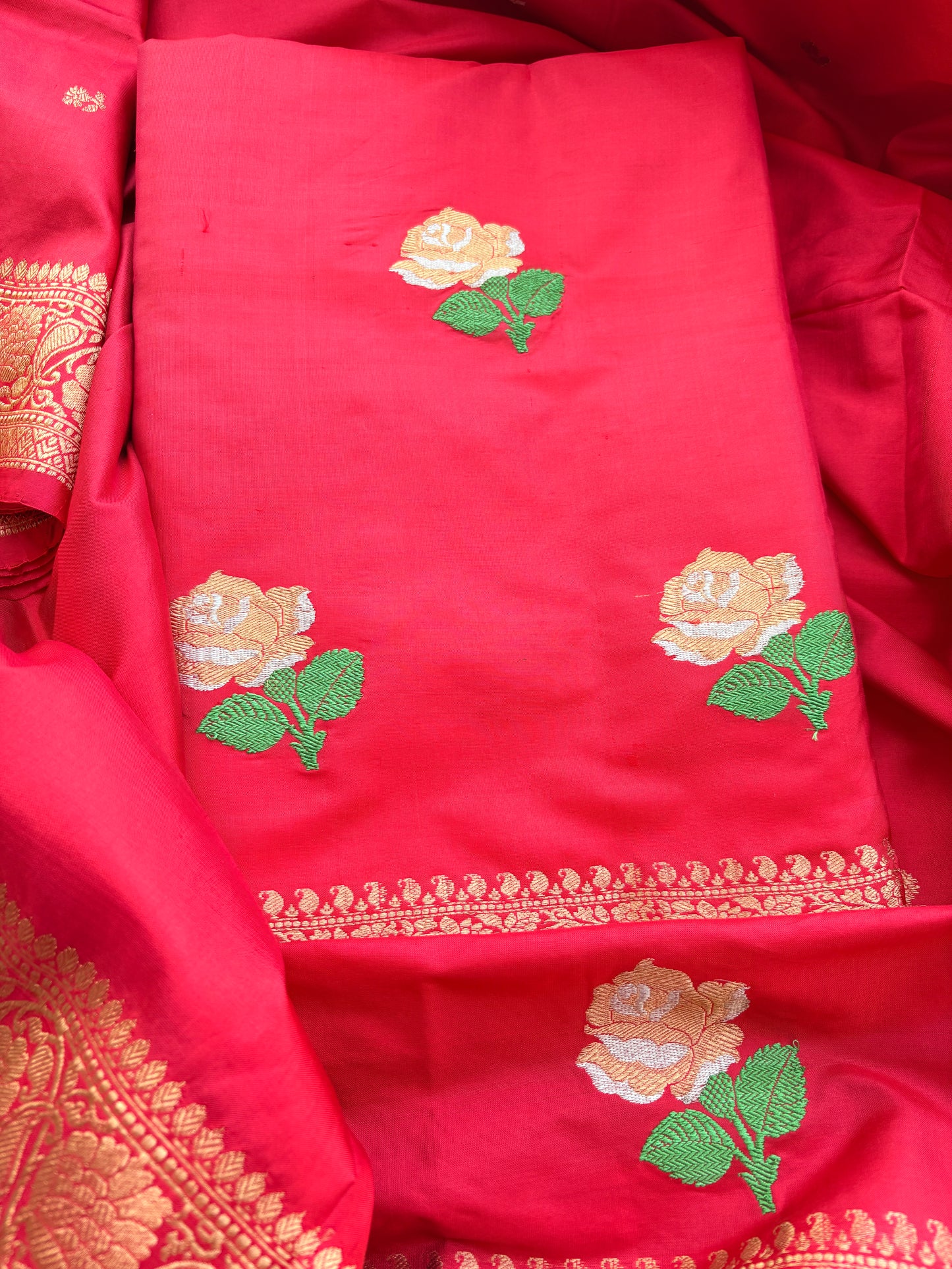 Red katan by katan silk kadhwa suit set