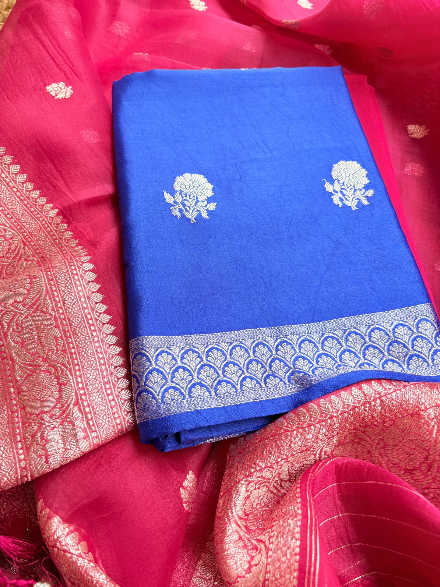 Blue Chiniya silk kurta, pink kora kadhwa dupatta, plain bottom