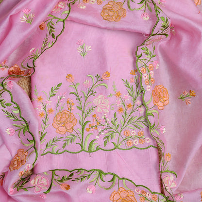 Pink Chanderi silk embroidered suit set