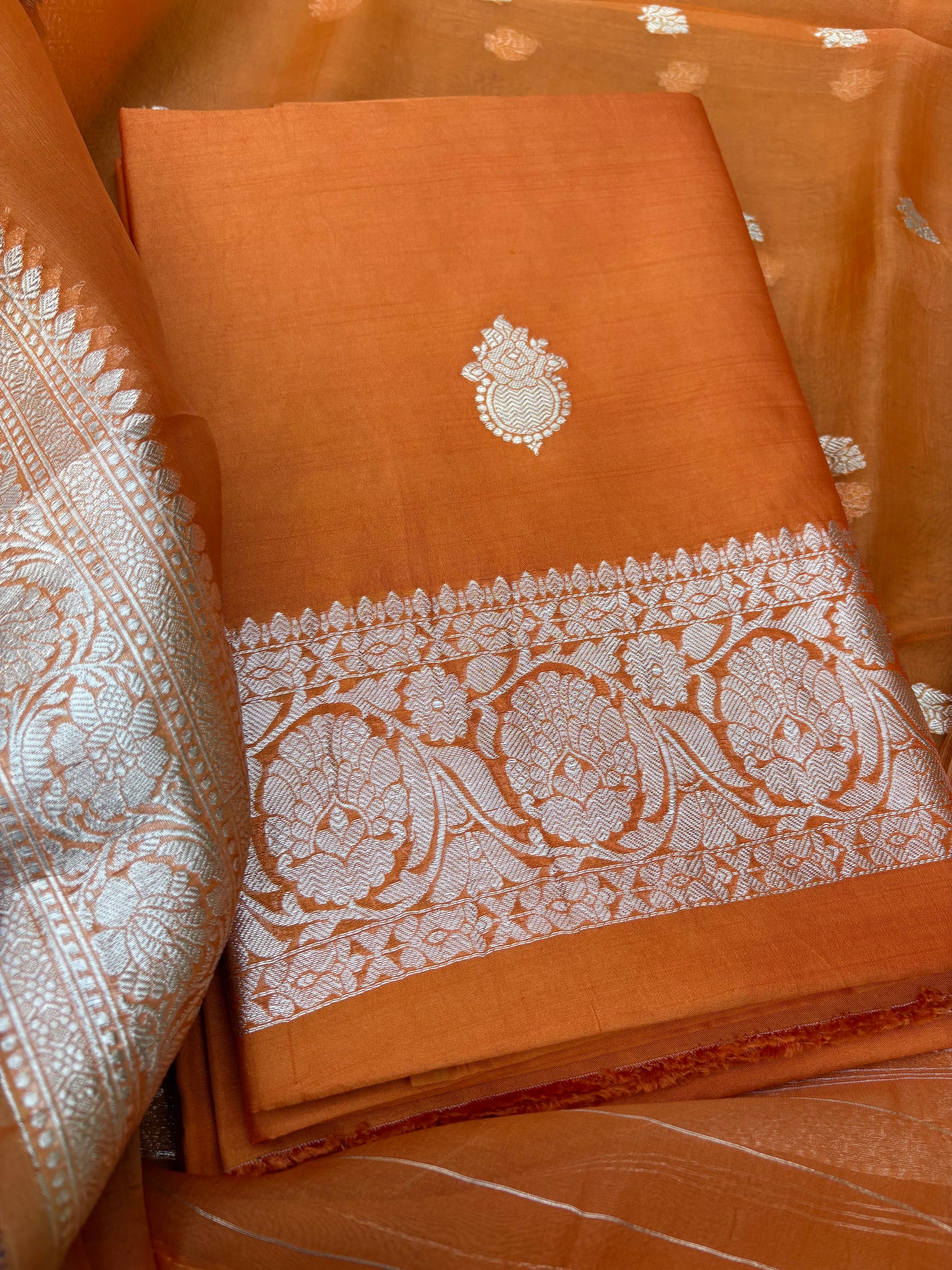 Orange Chiniya silver zari suit set