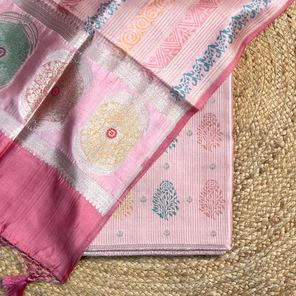 Pink Chiniya silk self woven design suit set