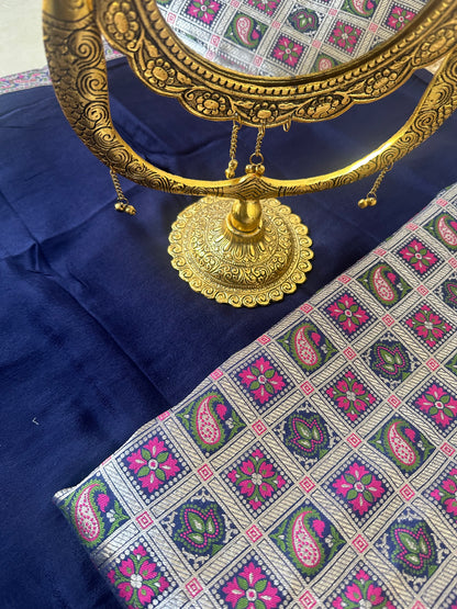 Blue brocade silk kurta, plain chiffon dupatta, plain bottom