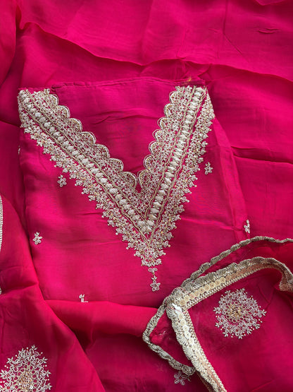 Pink hand embroidered crepe suit