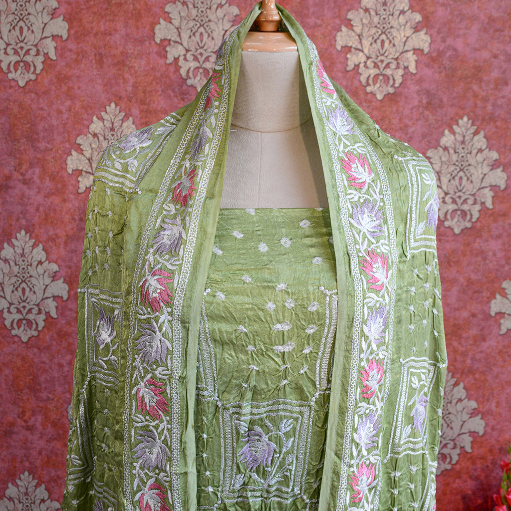 Green bandhani Chikankari suit set