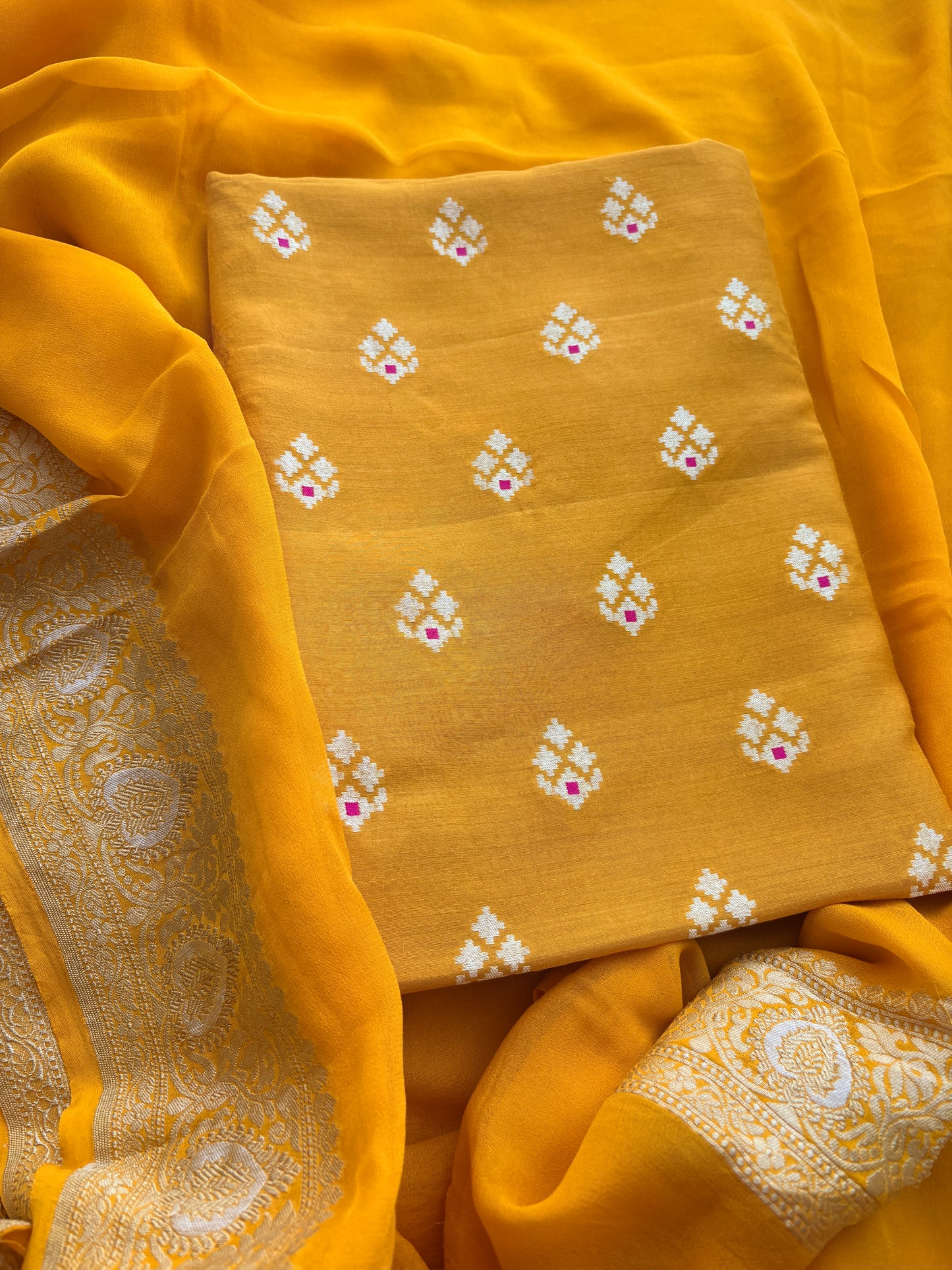 Yellow moonga silk suit with  Khaddi chiffon dupatta