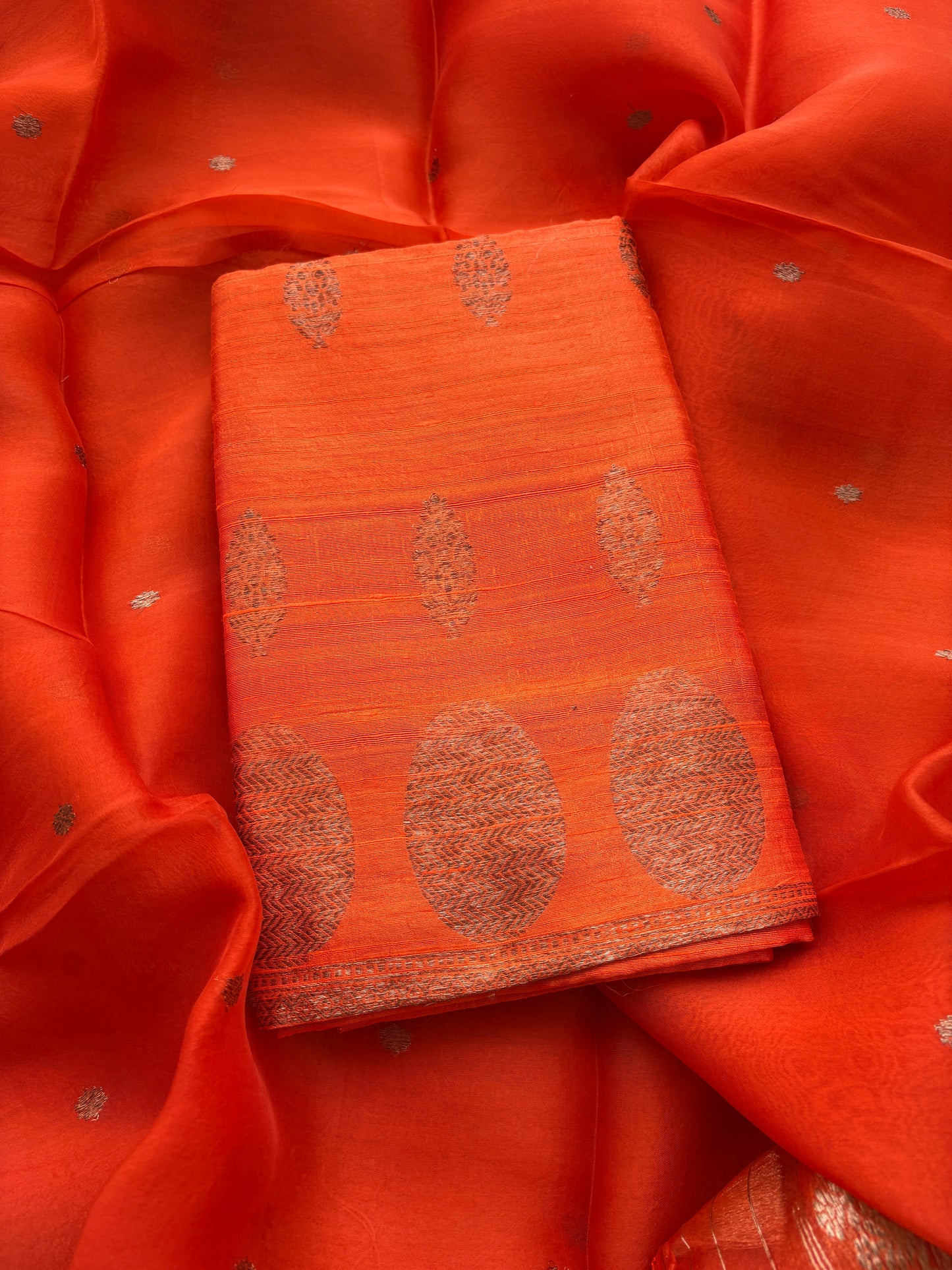 Orange raw silk suit set with Kora silk dupatta