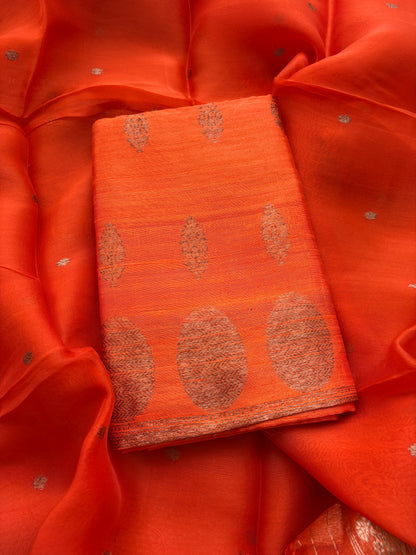 Orange raw silk suit set with Kora silk dupatta