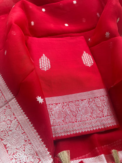 Red Chiniya kora silk silver zari suit