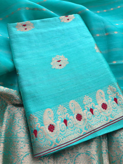 Blue raw silk kadhwa suit set
